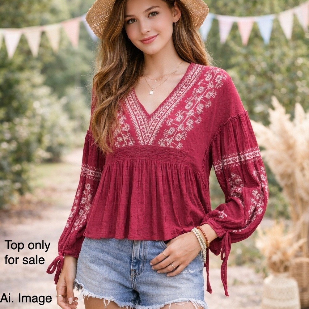 American Eagle‎ Top Magenta Women M. Boho Embroidered Peasant Blouse Festival